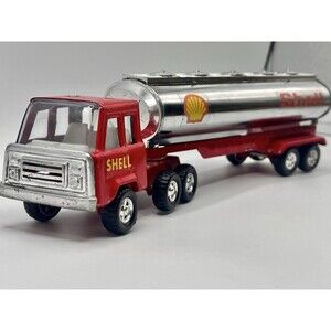 Vintage 1970s Red Shell Truck & Chrome Tanker Pressed Steel Semi Hong Kong